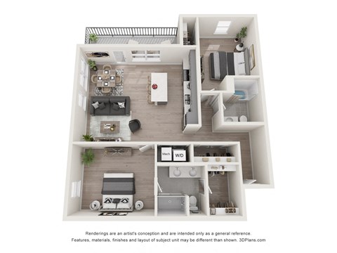 Floor plan for 2 beds, 2 baths, 1211 sqft